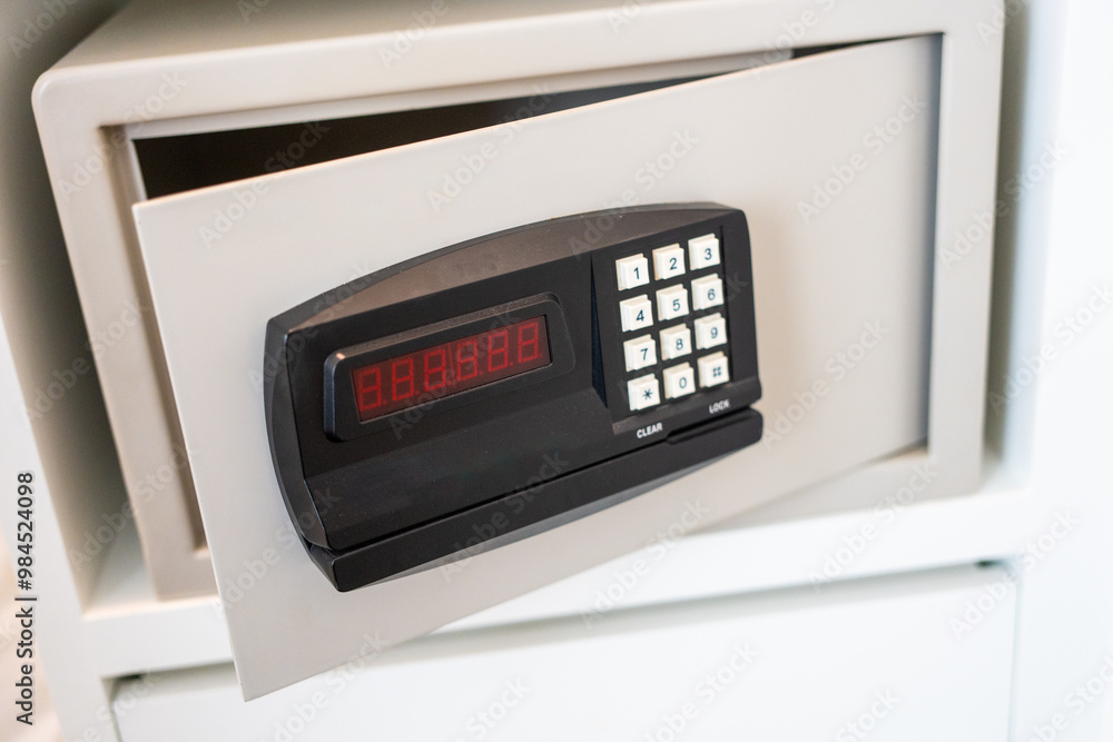 Steel safe with an electronic lock at hotel Steel safe with an electronic lock at hotel