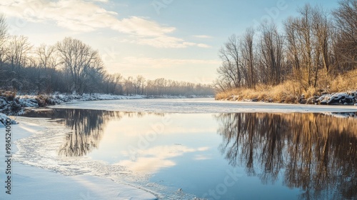 Serene Winter Riverside Reflections, a peaceful riverside scene showcasing still waters and soft snow, highlighting the calm beauty of winter's embrace on nature.