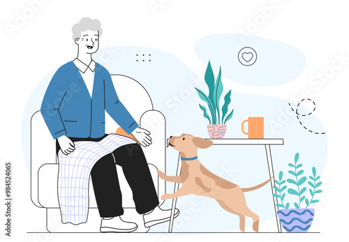 Old man with his dog. Grandfather sitting at chair near puppy. Owner with domestic animal indoors. Love and care about pets. Pensioner with fluffy friend. Linear vector illustration