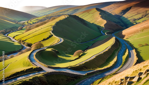 Obraz na płótnie edale country valley winding district leading beautiful english road shining light peak golden road winding landscape rural country sky nature travel path hill green curve scene vale road summer w salonie