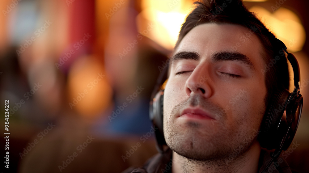 Man wearing noise-canceling headphones, focused and relaxed in a busy office environment, symbolizing the concept of noise cancellation and productivity enhancement. Man wearing noise-canceling headphones, focused and relaxed in a busy office environment, symbolizing the concept of noise cancellation and productivity enhancement.