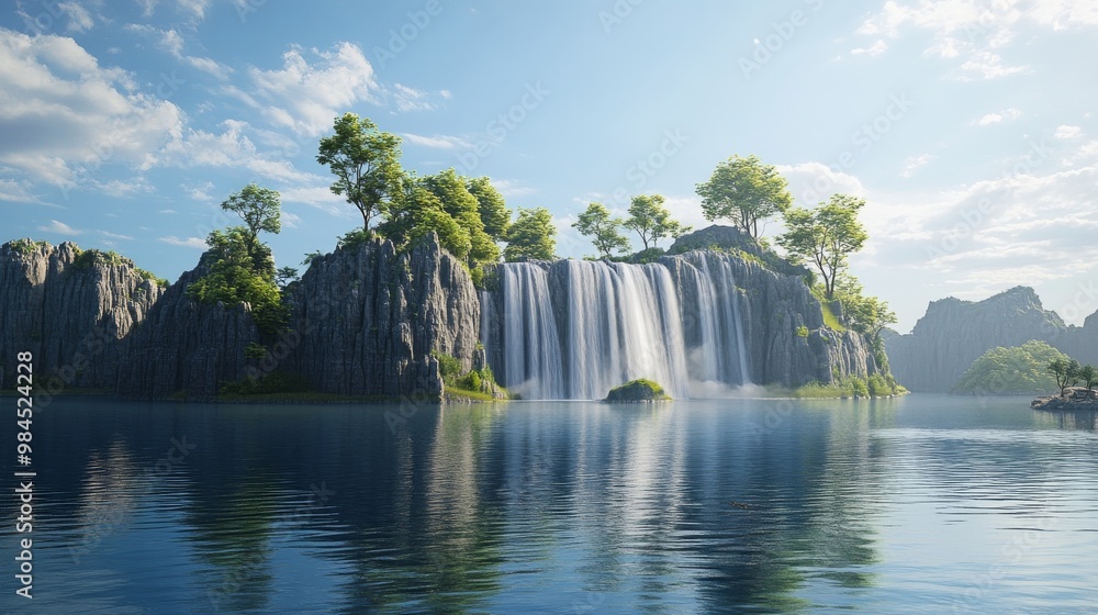 Naklejka premium The surreal scene depicts a floating island landscape with lakes, waterfalls, trees, and green grass.