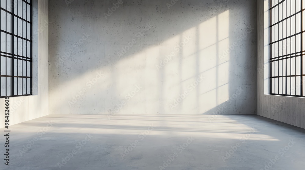 Spacious, minimalistic interior with sunlight streaming through large windows, creating shadows on the concrete floor. Spacious, minimalistic interior with sunlight streaming through large windows, creating shadows on the concrete floor.
