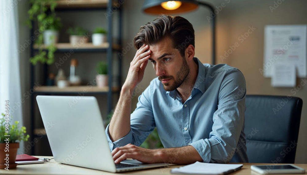 Serious frustrated businessman touching head with hand looking at laptop pc sitting at desk in home office. Puzzled freelance employee feeling tired exhausted, chronic work stress, having headache Serious frustrated businessman touching head with hand looking at laptop pc sitting at desk in home office. Puzzled freelance employee feeling tired exhausted, chronic work stress, having headache