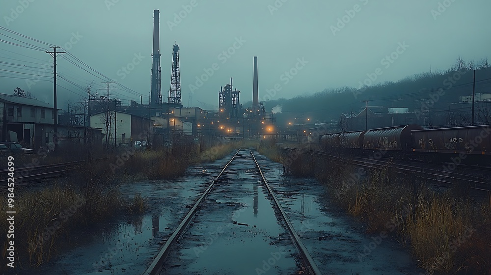 Abandoned train tracks leading to a foggy industrial complex with tall smokestacks. Abandoned train tracks leading to a foggy industrial complex with tall smokestacks.