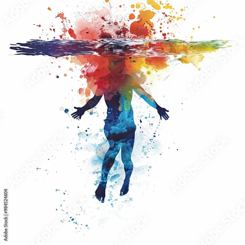 watercolor illustration of a woman swimming and diving, with splashes of bright colors creating a dynamic and lively scene on a white background.