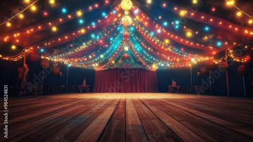 An empty wooden stage with a colorful circus tent behind it