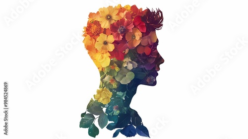 A silhouette of an attractive man made from a collage of colorful flowers and leaves on a white background.