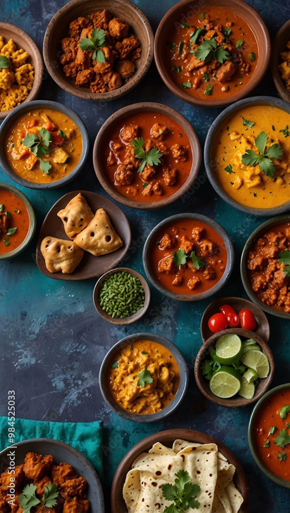 Indian food with vibrant curries and dips on colorful tile background. Indian food with vibrant curries and dips on colorful tile background.