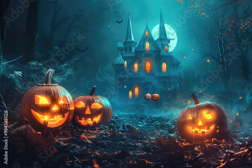 Illuminated Jack-o'-Lanterns in a Spooky Forest Setting with a Haunted Mansion in the Background
