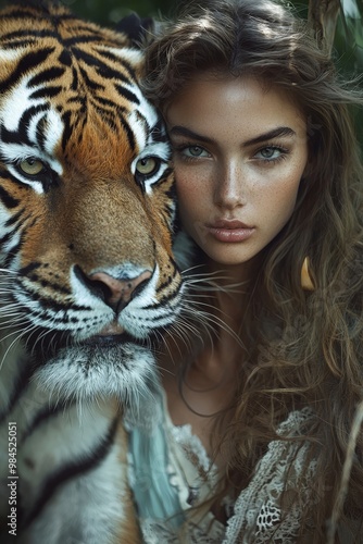 Woman With Tiger Close Up Portrait  Beautiful Female Model  Wildlife Animal  Nature  Endan photo