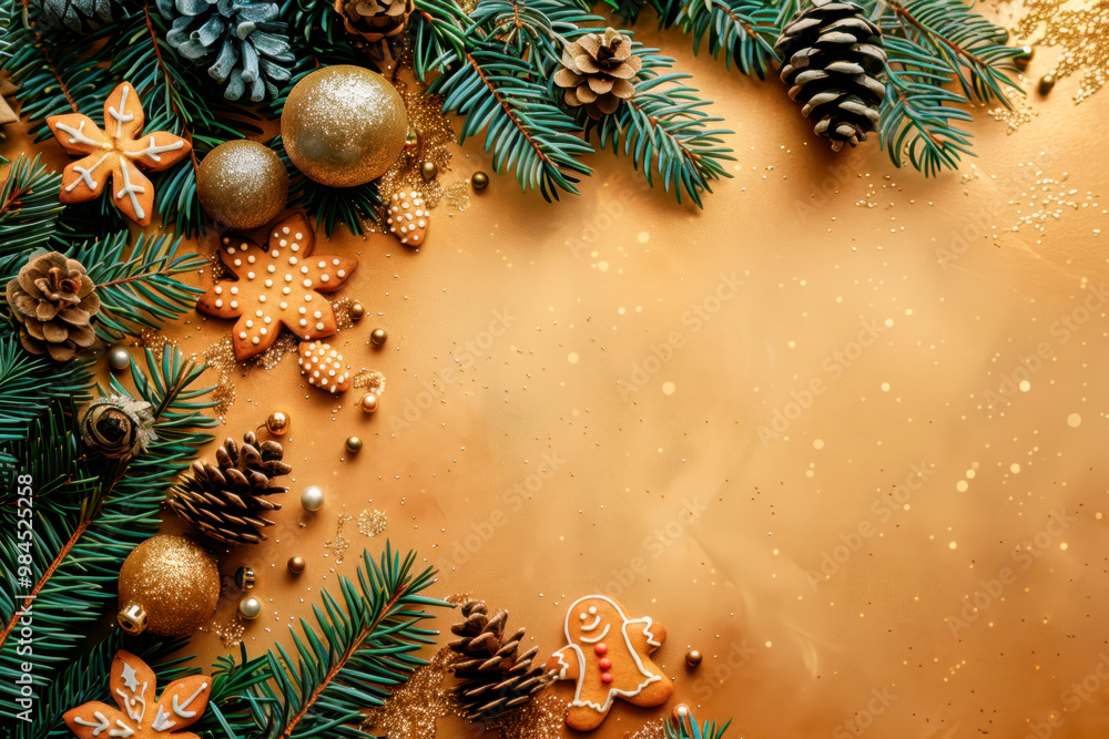 Christmas composition on a golden background with fir branches, cones, stars, golden Christmas balls, Christmas gingerbread cookies, cinnamon, top view, copy space Christmas composition on a golden background with fir branches, cones, stars, golden Christmas balls, Christmas gingerbread cookies, cinnamon, top view, copy space