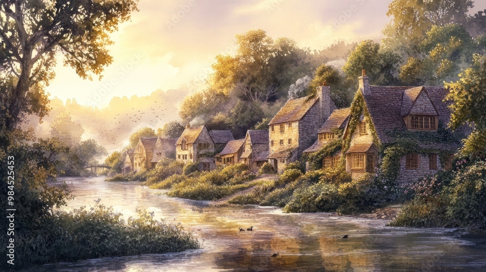A serene riverside village at sunset, showcasing charming houses and lush greenery. A serene riverside village at sunset, showcasing charming houses and lush greenery.