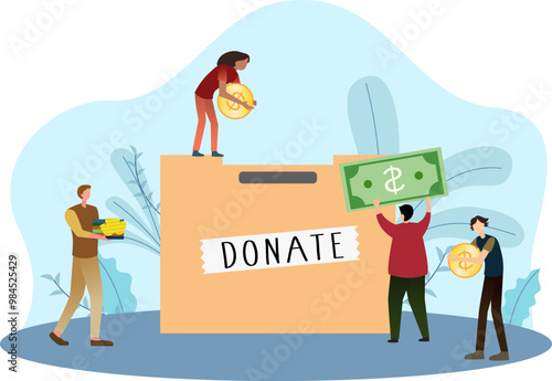 people raising money through the donation box vector illustration, volunteer people together to help people by donating some money
