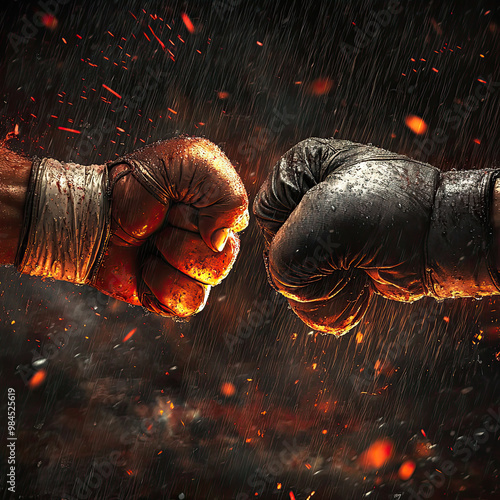 Two fists in boxing gloves collide in a dramatic clash, with sparks flying photo