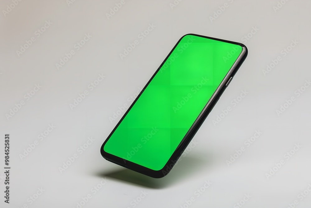 mockup of a cell phone with a green screen floating on a white background, Generative AI. mockup of a cell phone with a green screen floating on a white background, Generative AI.
