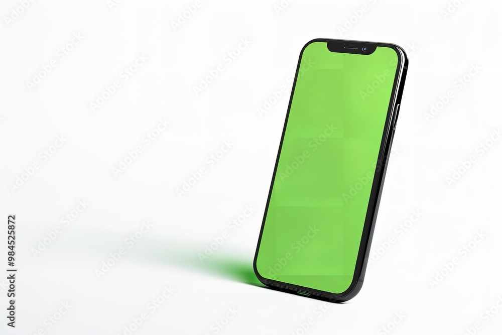 mockup of a cell phone with a green screen floating on a white background, Generative AI. mockup of a cell phone with a green screen floating on a white background, Generative AI.
