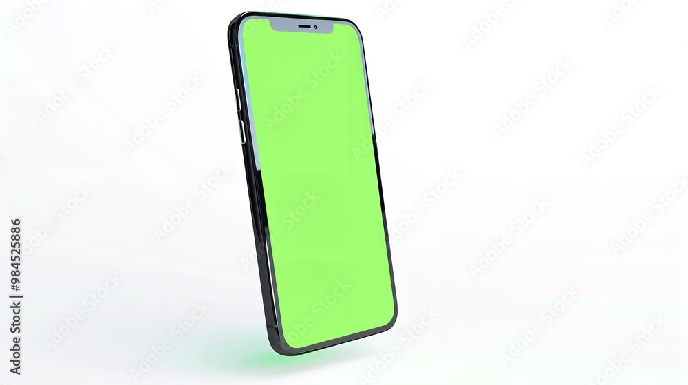 mockup of a cell phone with a green screen floating on a white background, Generative AI. mockup of a cell phone with a green screen floating on a white background, Generative AI.