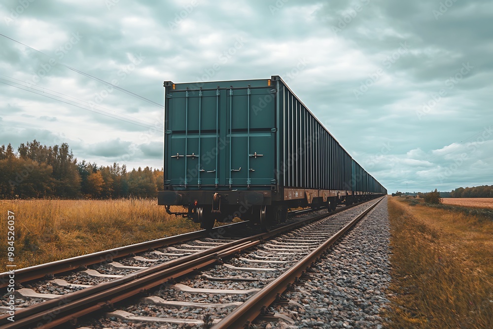 Freight Train Rolling Through a Rural Landscape Freight Train Rolling Through a Rural Landscape