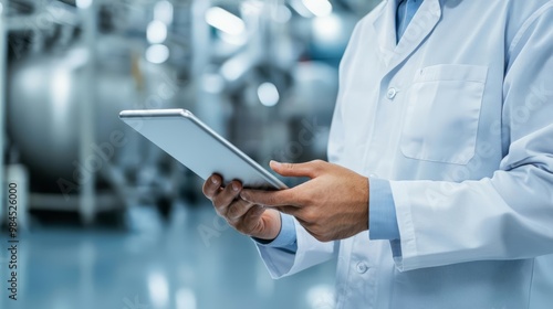 Inspector using digital tools to check product measurements on a factory floor, measurement accuracy, high-tech quality control