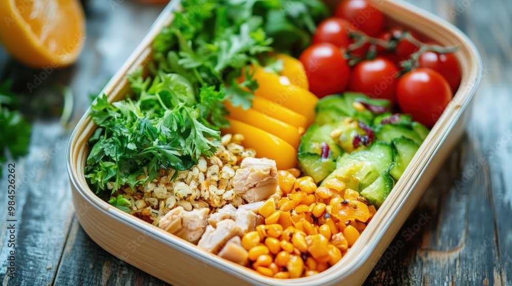 Healthy Lunch Box with Chicken Quinoa Vegetables and Corn Healthy Lunch Box with Chicken Quinoa Vegetables and Corn
