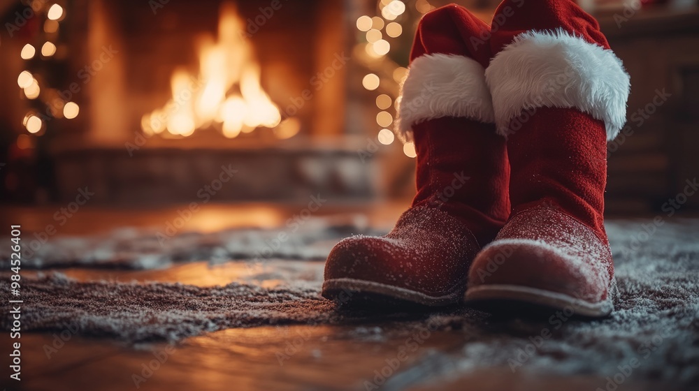 Red Santa boots with white fur trim, sitting on a wooden floor in front of a fireplace with a roaring fire. Red Santa boots with white fur trim, sitting on a wooden floor in front of a fireplace with a roaring fire.