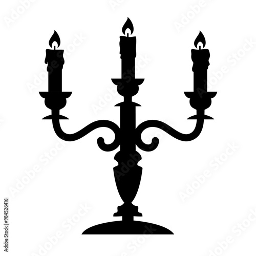 Three-arm candlestick. Candelabrum. Vector black icon isolated on white background.