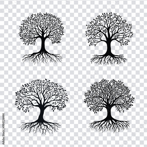 Diverse arboreal silhouettes form a textured, natural array