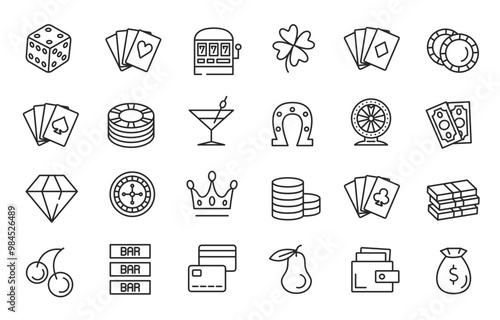 Casino vector icons. Black flat icons isolated on white background. Big set