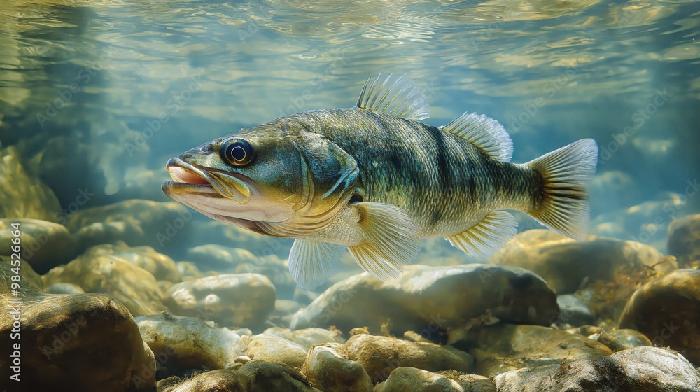 Largemouth Bass on Rocky Bottom created with Generative AI Technology, ai, generative Largemouth Bass on Rocky Bottom created with Generative AI Technology, ai, generative
