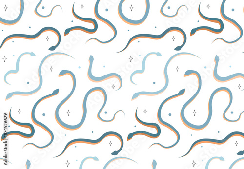 Seamless pattern with snakes. Repeating design element for fabric printing. Reptiles and lizards. Mysticism and esotericism. Texture and wallpaper, background. Flat vector illustration