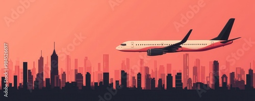 Flat vector illustration of an airplane flying over a city, clear skies, travel theme. photo