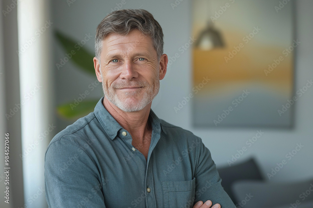Photo of a 50-year-old American man in a dark shirt on the left. The man is in the living room. Advertising banner. Photo of a 50-year-old American man in a dark shirt on the left. The man is in the living room. Advertising banner.