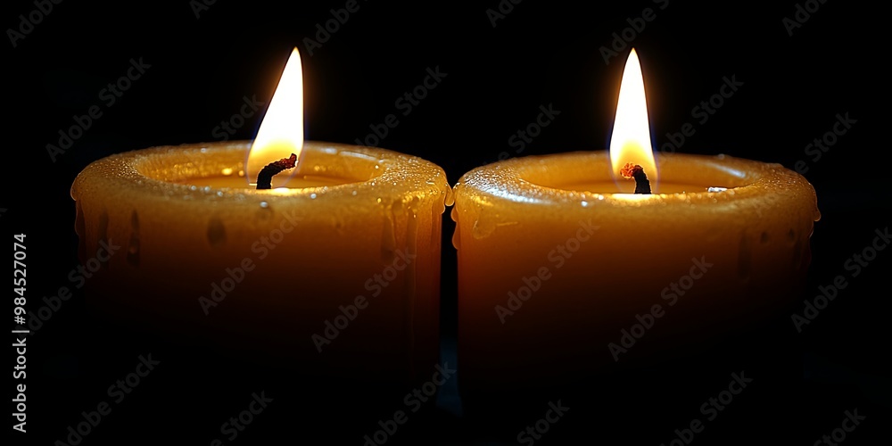 Two Dripping Wax Candles In The Dark, Illuminating The Darkness With A Warm Glowing Light Two Dripping Wax Candles In The Dark, Illuminating The Darkness With A Warm Glowing Light