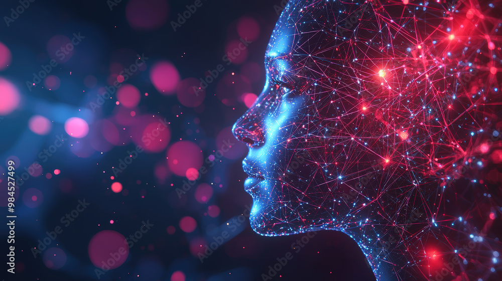 A digital representation of an abstract human head showcases interconnected neural networks, symbolizing fusion of technology and human cognition. vibrant colors create captivating visual experience A digital representation of an abstract human head showcases interconnected neural networks, symbolizing fusion of technology and human cognition. vibrant colors create captivating visual experience