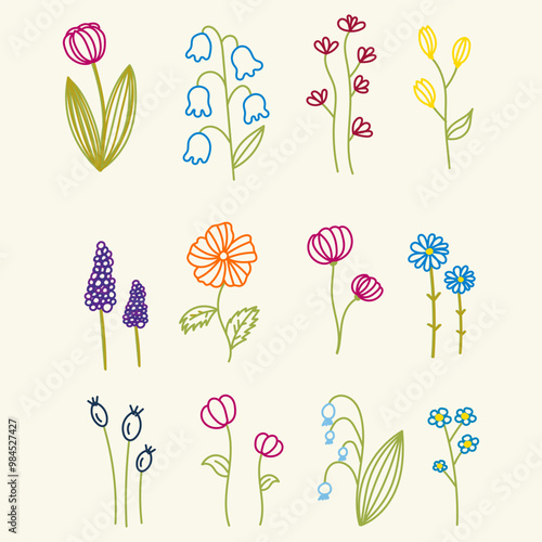 Hand illustration of a set of cute delicate plants flowers for decoupage