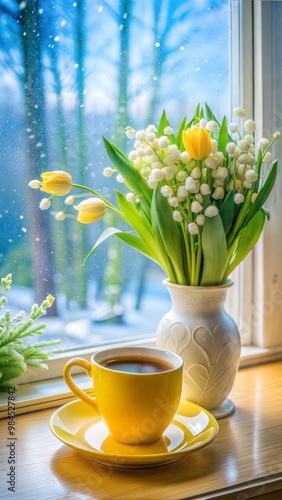 Wallpaper Mural A yellow cup with coffee next to a vase of lilies of the valley on a rainy window sill
 Torontodigital.ca