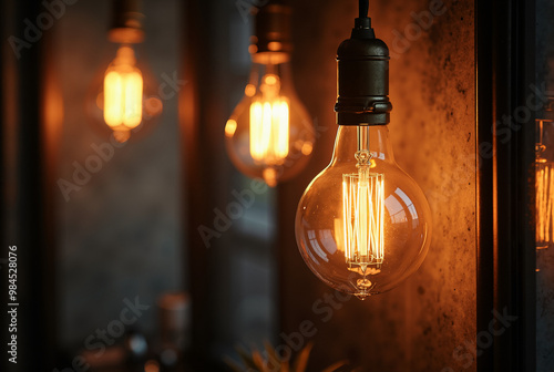 Vintage Luxury Light Bulb: Warm Glow in Dark Backdrop for Retro Interior Design and Hospitality Advertising