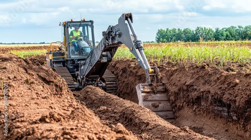 Detailed image of a mechanical trencher in action, digging a trench in a dirt field for pipeline installation