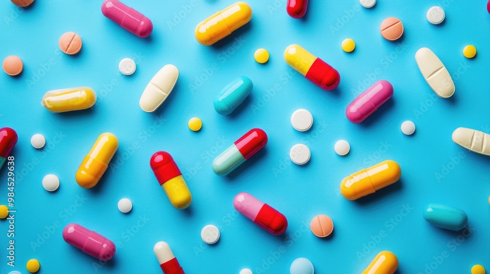 Diverse Array of Colorful Pills and Capsules on Blue Background Symbolizing Medical Diversity and Treatment Choices Diverse Array of Colorful Pills and Capsules on Blue Background Symbolizing Medical Diversity and Treatment Choices