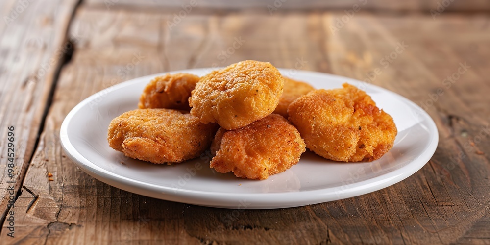 Nugget food on a white plate on a wooden table with a simple kitchen backdrop; the nuggets appear crispy and delicious, Generative AI. Nugget food on a white plate on a wooden table with a simple kitchen backdrop; the nuggets appear crispy and delicious, Generative AI.