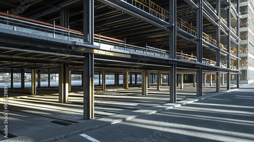 Detailed portrayal of a multi-story parking garage being constructed in an urban area, highlighting the steel frame and concrete floors