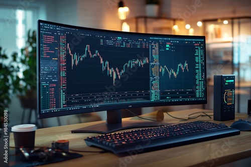 A detailed view of a financial trading workstation with dual monitors displaying stock market trends in a modern office setting