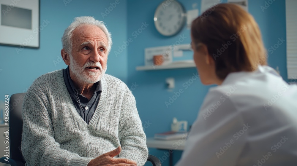 Senior Patient Consulting with Doctor in Healthcare Examination Room with Serene Blue Wall and Graphics Display Senior Patient Consulting with Doctor in Healthcare Examination Room with Serene Blue Wall and Graphics Display