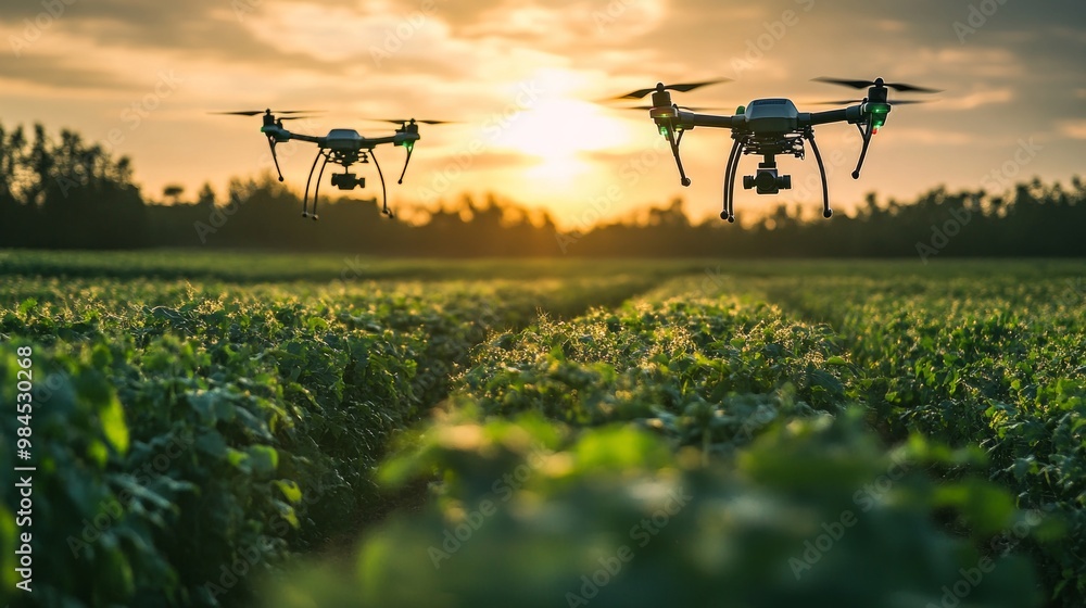 Innovative Sustainable Agriculture, showcasing drones monitoring crop health and growth, highlighting advancements in technology and eco-friendly farming practices Innovative Sustainable Agriculture, showcasing drones monitoring crop health and growth, highlighting advancements in technology and eco-friendly farming practices