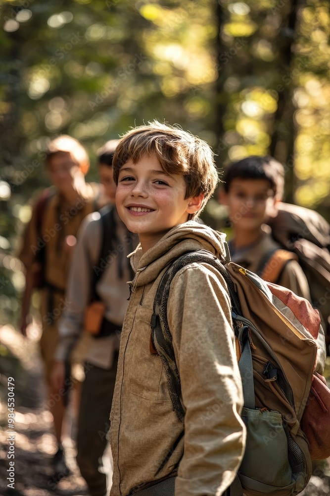 Fototapeta premium Happy Boy Scout Hiking in the Woods with Friends