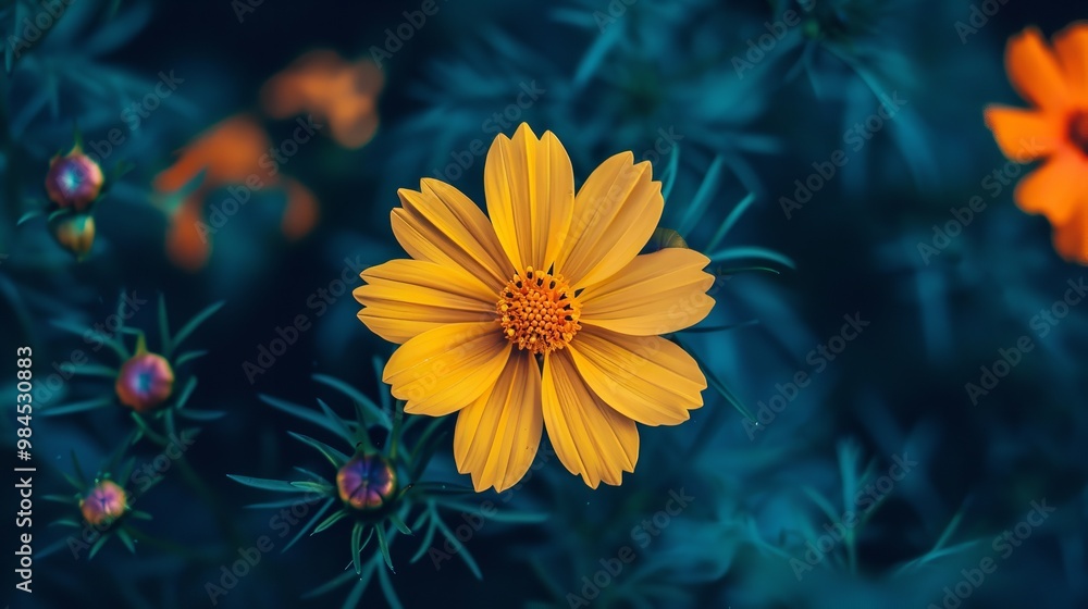 orange in the heart of a yellow blossom. The flower is the focal point of attention and is in full bloom against a fuzzy background, Generative AI. orange in the heart of a yellow blossom. The flower is the focal point of attention and is in full bloom against a fuzzy background, Generative AI.