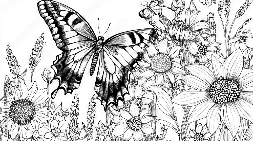 Obraz premium A monochrome illustration of a butterfly amidst a sea of flowers, with daisies dominating the foreground