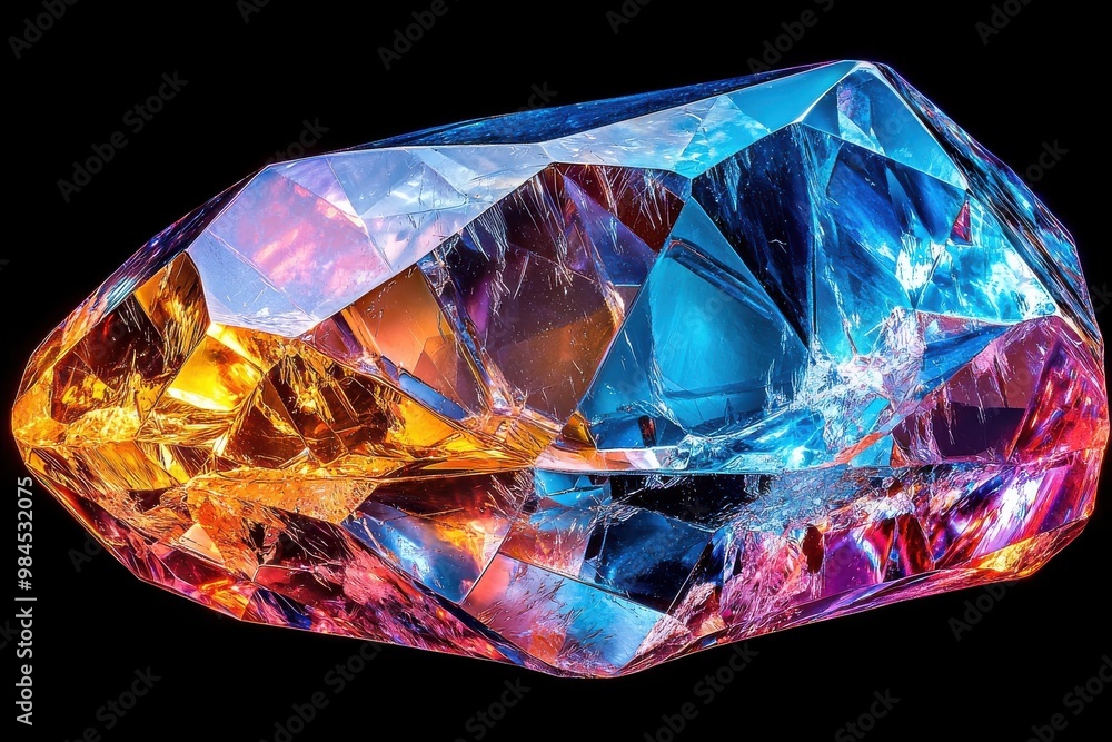 Multicolored crystal quartz gemstone with vibrant hues of blue, orange, and purple Multicolored crystal quartz gemstone with vibrant hues of blue, orange, and purple