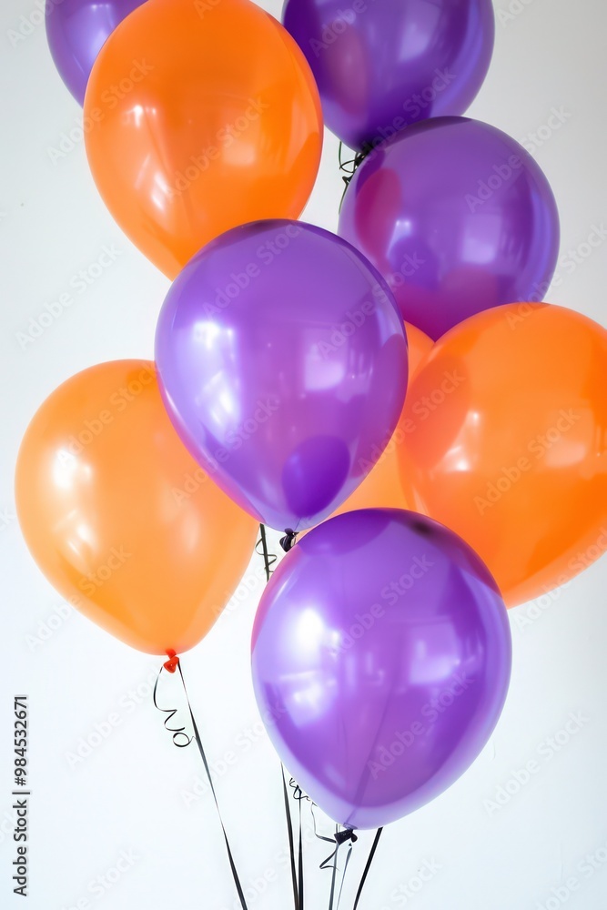 Orange and purple balloons against a white background, with ample space for birthday greetings. Orange and purple balloons against a white background, with ample space for birthday greetings.